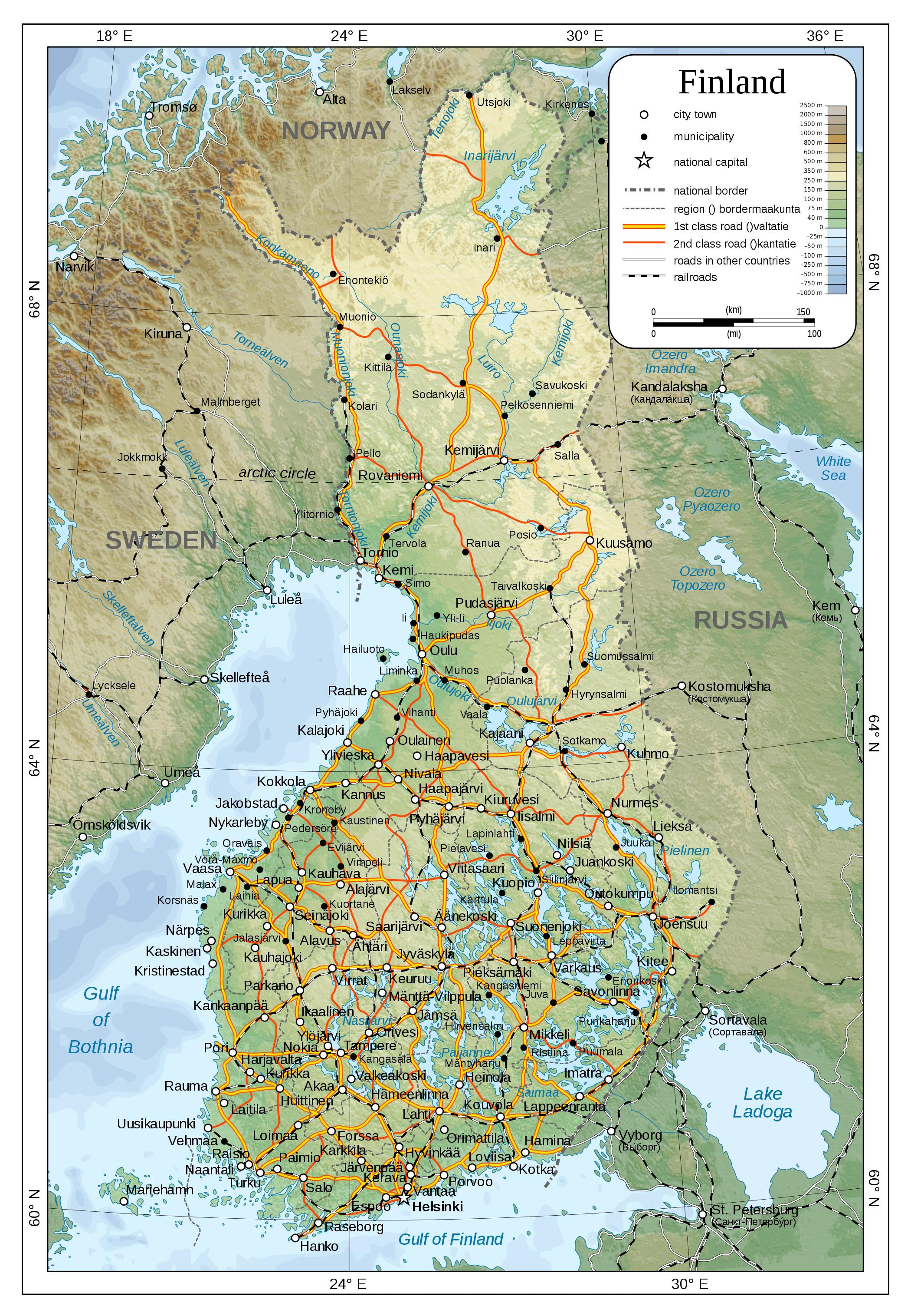 Fyysinen kartta-Suomi - Kartta fyysisen Suomi (Pohjois-Eurooppa - Eurooppa)