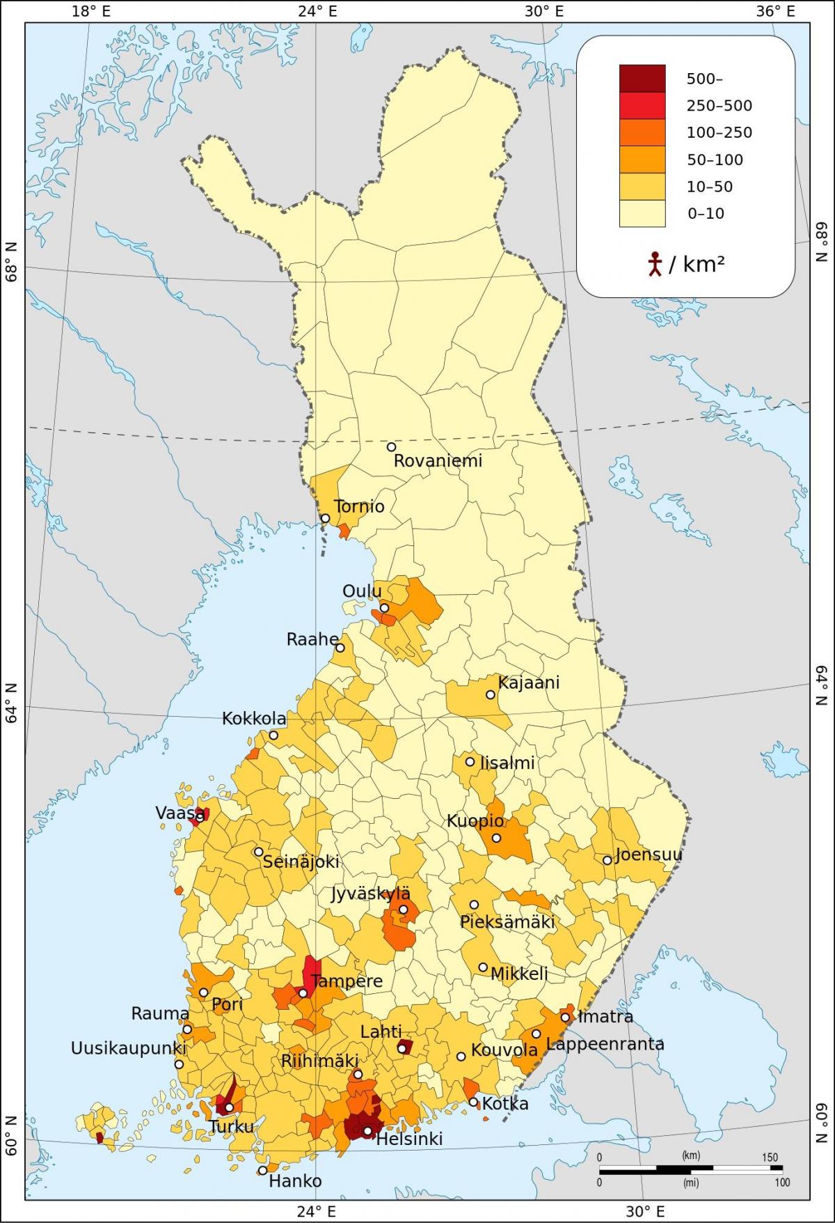 Suomen asukastiheys kartta